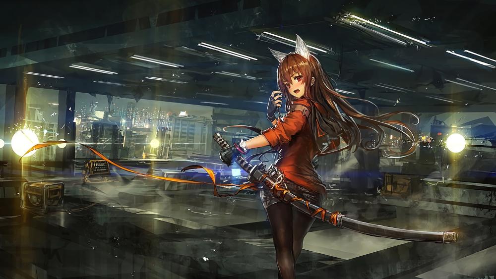 Neko Warrior in a Futuristic Cityscape wallpaper