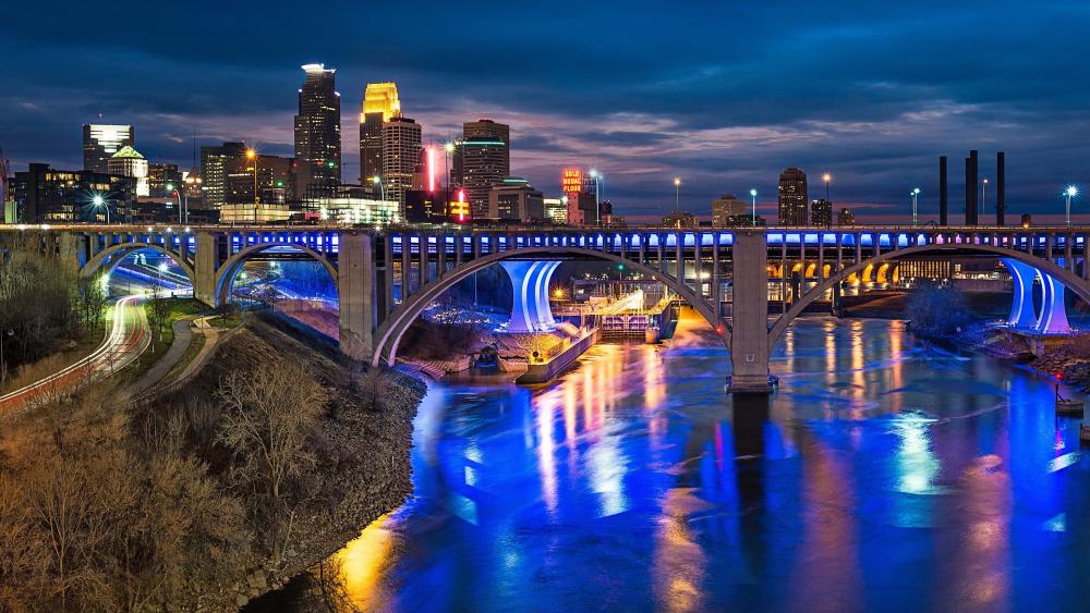 Minneapolis Nighttime Skyline Reflection wallpaper