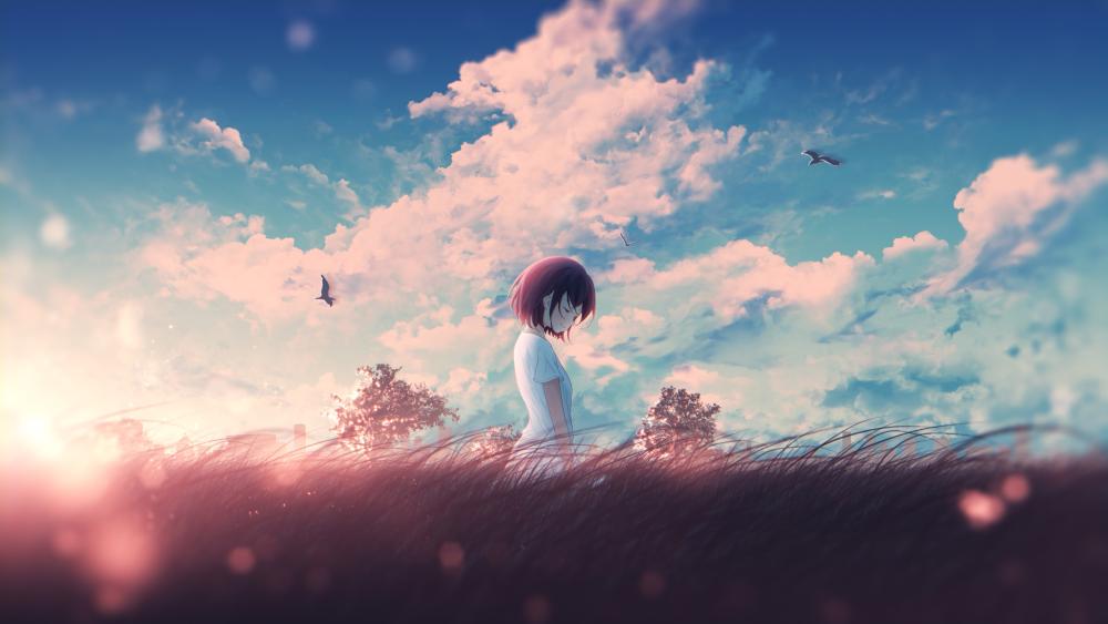 Serene Anime Girl in Sunset Meadow wallpaper