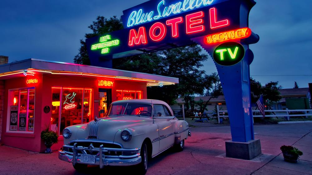 Vintage Road Trip Nostalgia at Blue Swallow Motel wallpaper