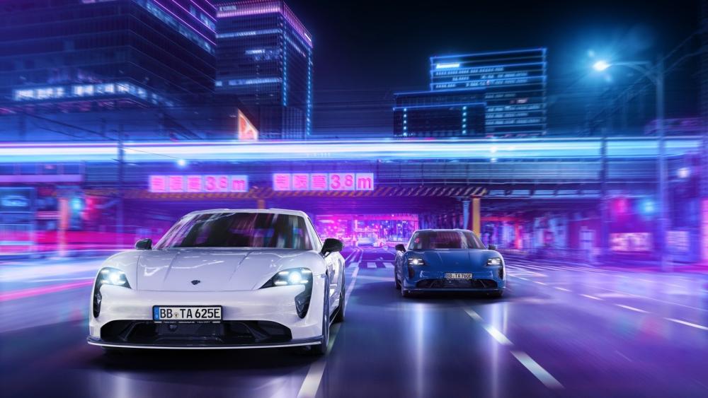 Neon Night Drive in a Porsche Taycan wallpaper