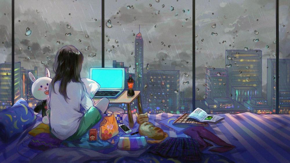 Laptop in Anime Room on Rainy Night wallpaper