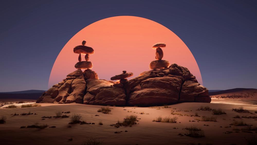 Sunset Rock Balancing in a Desert Landscape wallpaper