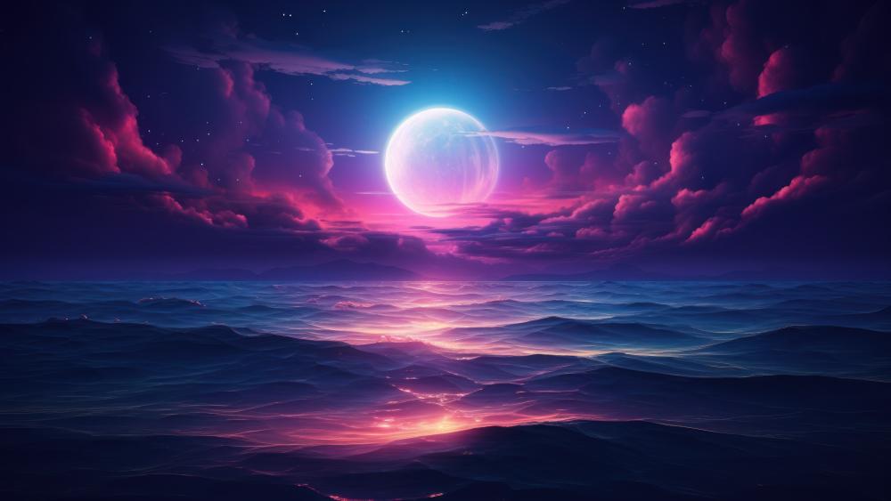 Moon Over Tranquil Waters in Fantasy Night Sky wallpaper