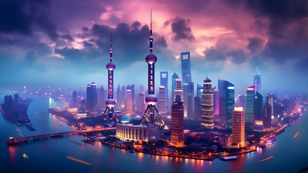 Shanghai Skyline in Twilight Splendor wallpaper