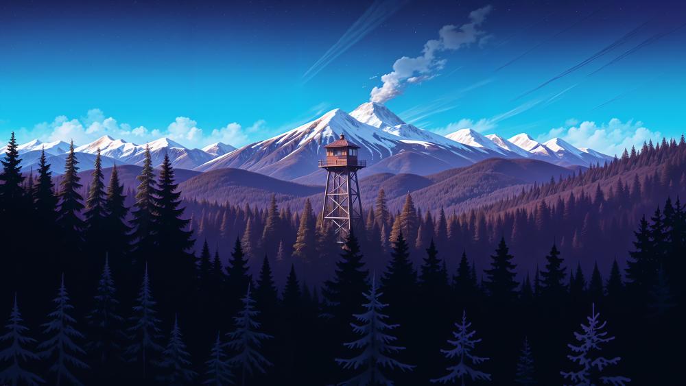 Watchtower Amidst Majestic Mountains and Forests wallpaper