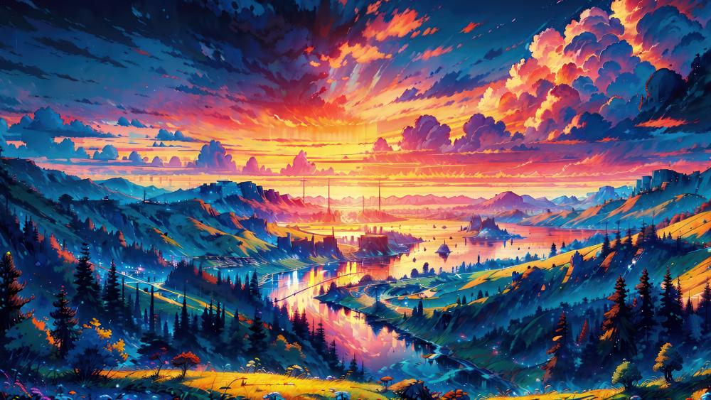 Sunrise Over Anime Forest wallpaper