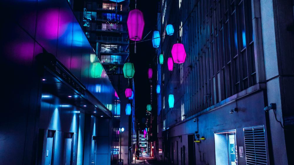 Neon Lanterns Illuminate Urban Alleyway wallpaper