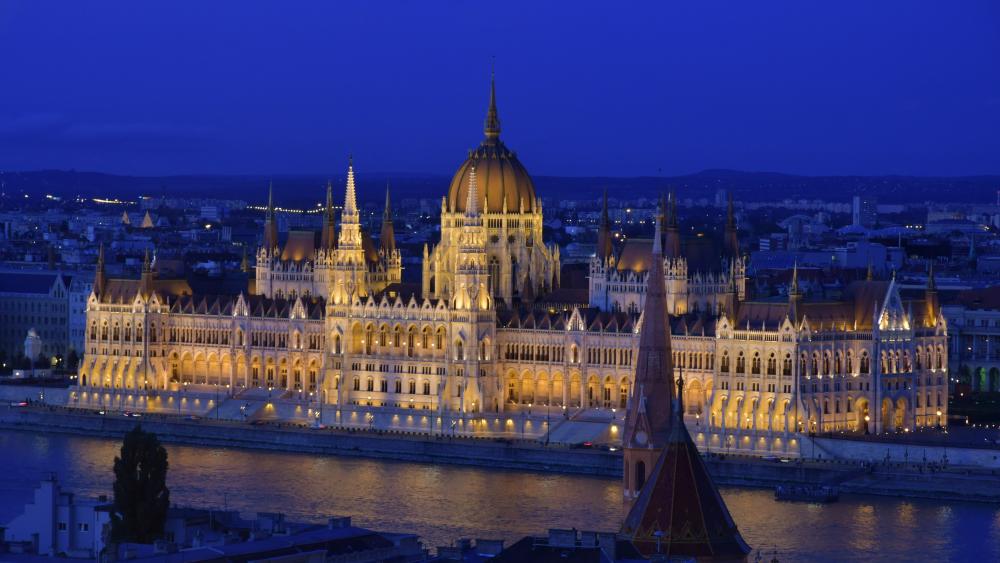 Hungarian Parliament Building Illuminated at Night wallpaper