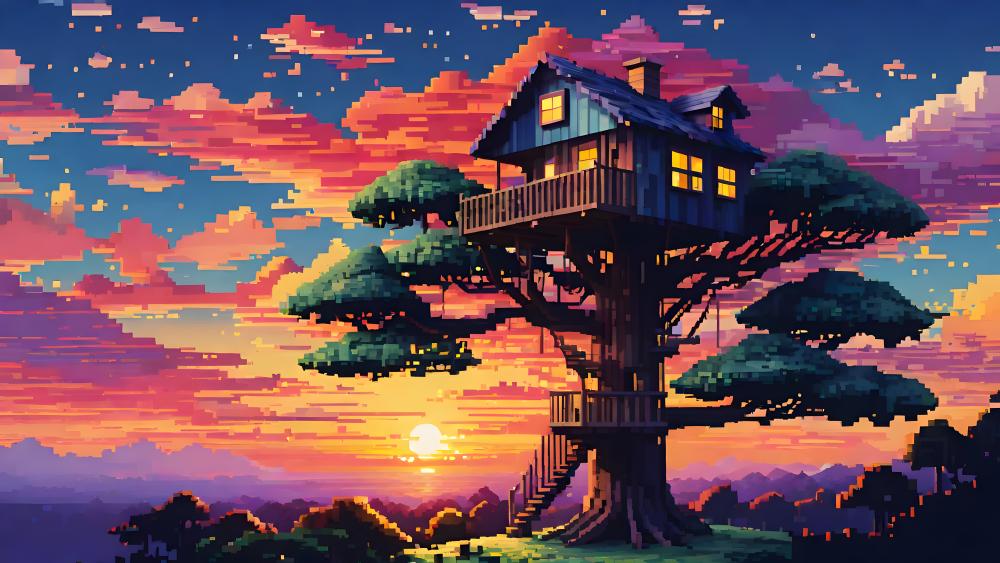 Pixelated Treehouse at Sunset wallpaper
