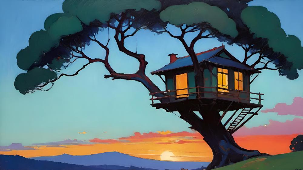 Magical Treehouse at Sunset wallpaper