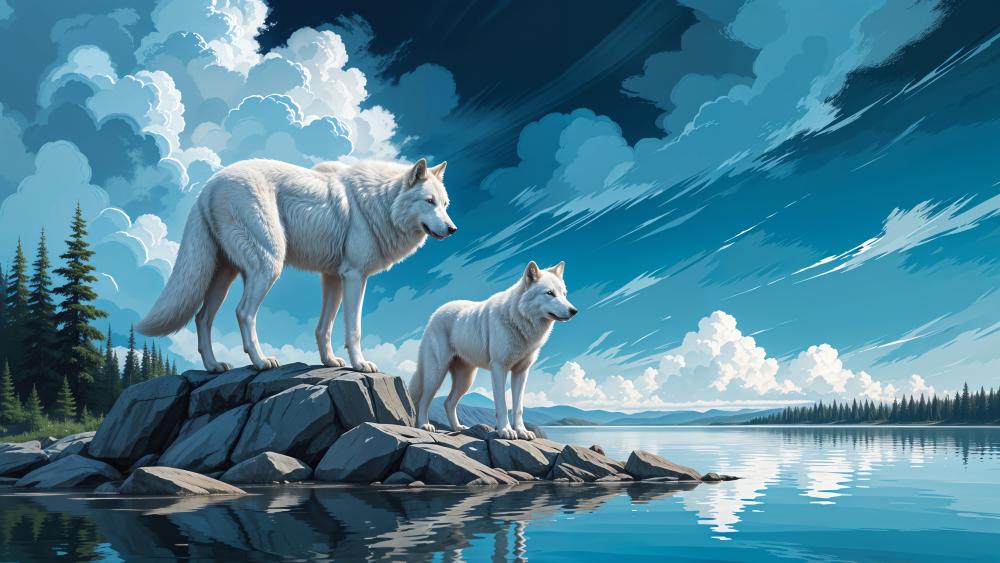 Majestic White Wolves by the Lake wallpaper