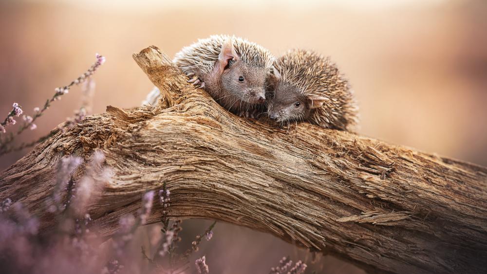 Adorable Hedgehogs on a Log wallpaper