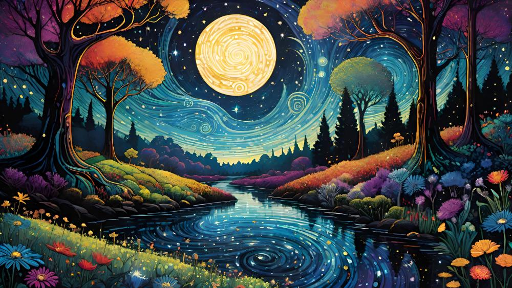 Enchanted Night Under a Galactic Moon wallpaper