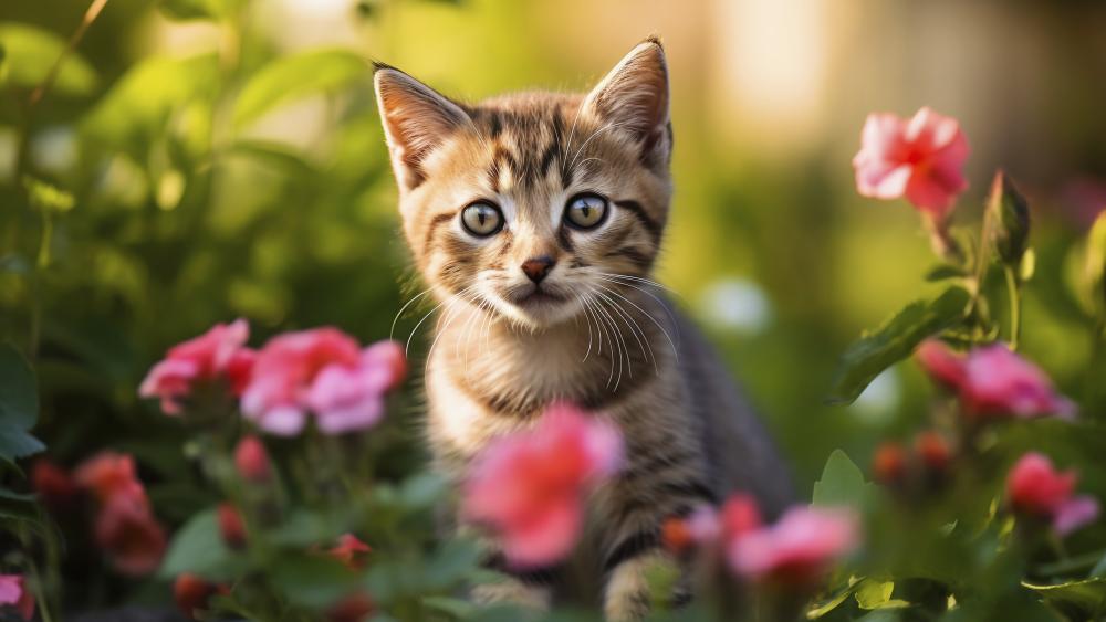Adorable Kitten Among Flowers wallpaper