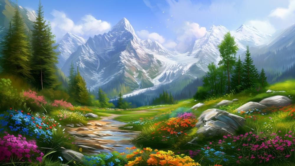 painted-natural-scenery-with-high-mountains wallpaper