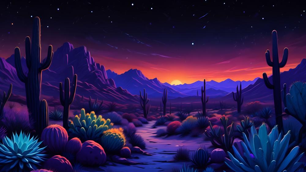 Twilight Desert Dreamscape with Vibrant Cacti wallpaper