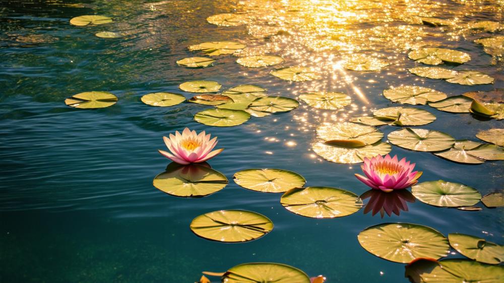 Sunlit Tranquility with Lotus Flowers wallpaper