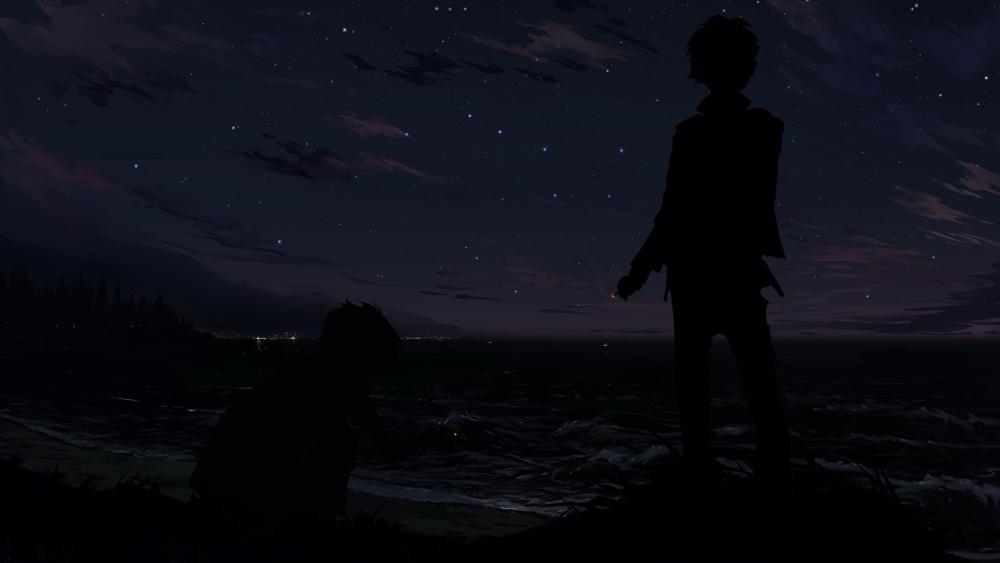 Starry Night with Anime Boy Silhouettes wallpaper