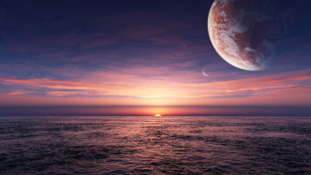 Galactic Sunset Over Tranquil Sea wallpaper