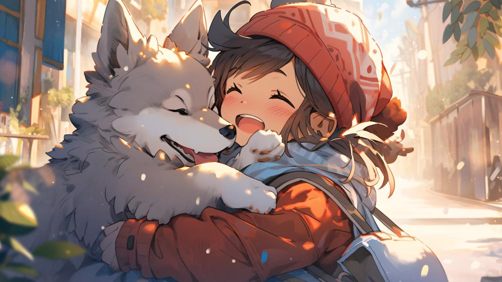 A Girl and Her Dog in Joyful Embrace wallpaper