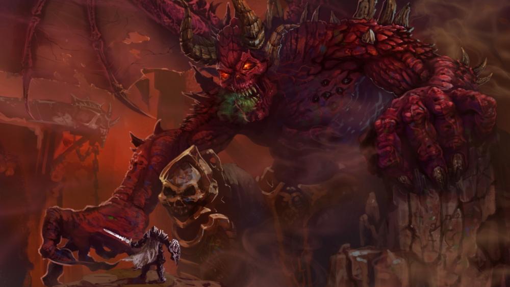 Demonic Beast Confronts Warrior in Dark Fantasy Realm wallpaper