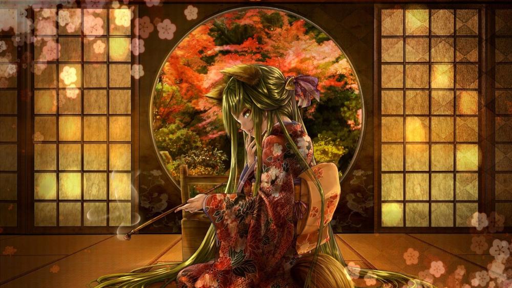 Mystical Autumn Geisha in a Traditional Room wallpaper