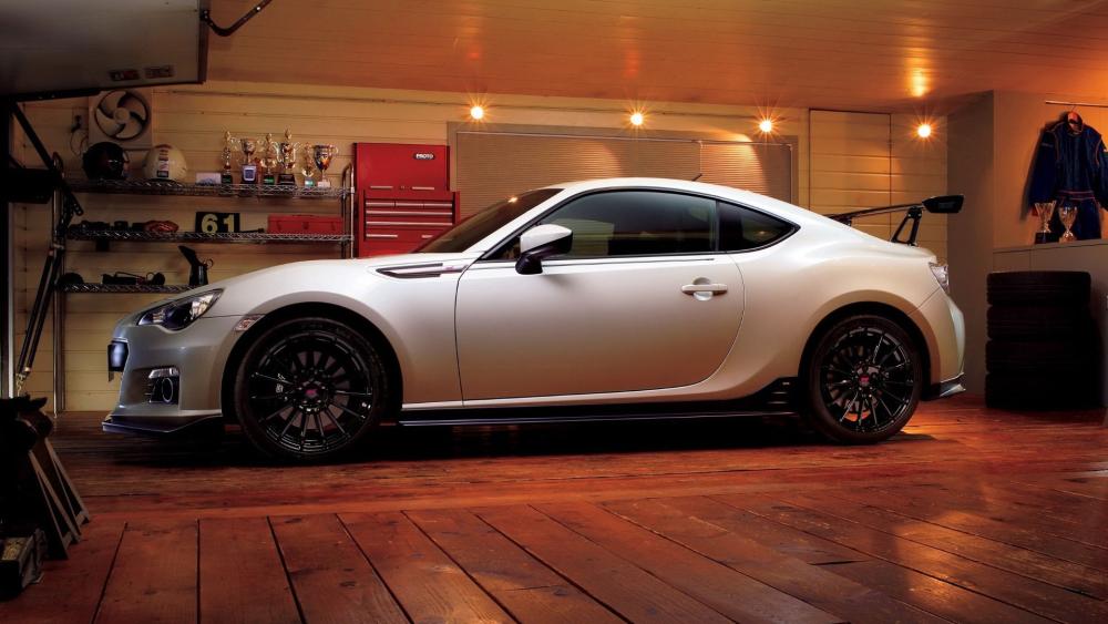 Sleek Subaru BRZ in Garage wallpaper