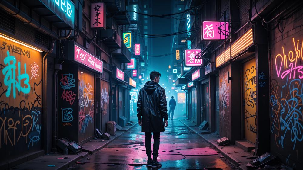 Cyberpunk Nightscape in a Neon Alley wallpaper