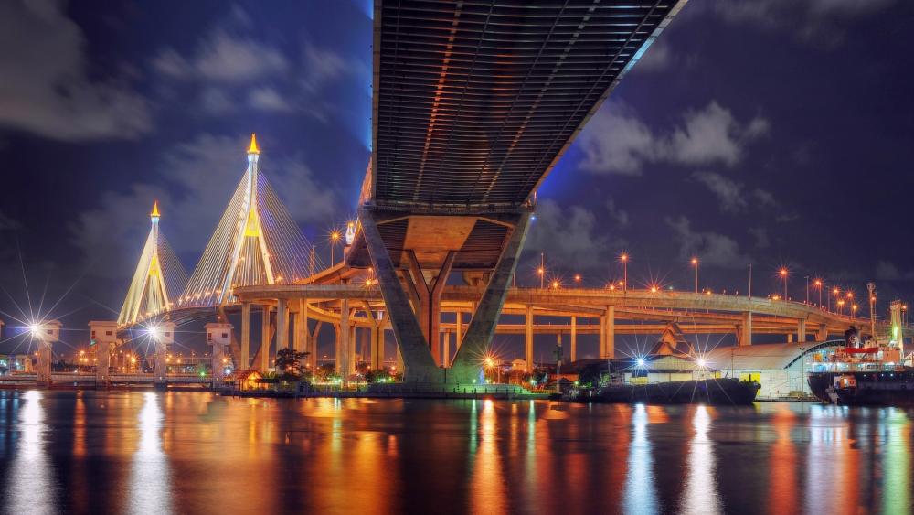 Bhumibol Bridge 2 Illuminated at Night wallpaper