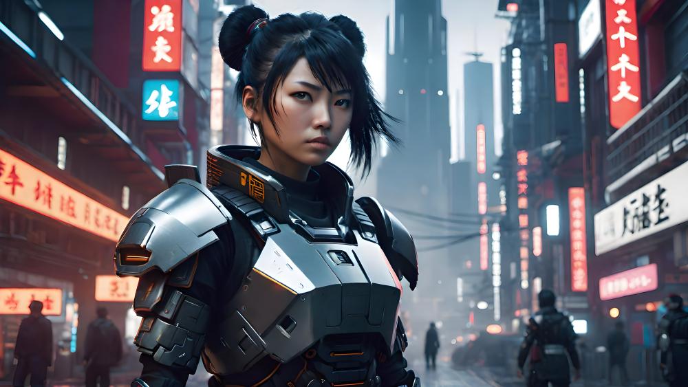 Cyberpunk Warrior in Futuristic Neon City wallpaper