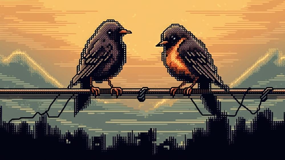 Pixel Birds on a Wire at Dusk wallpaper