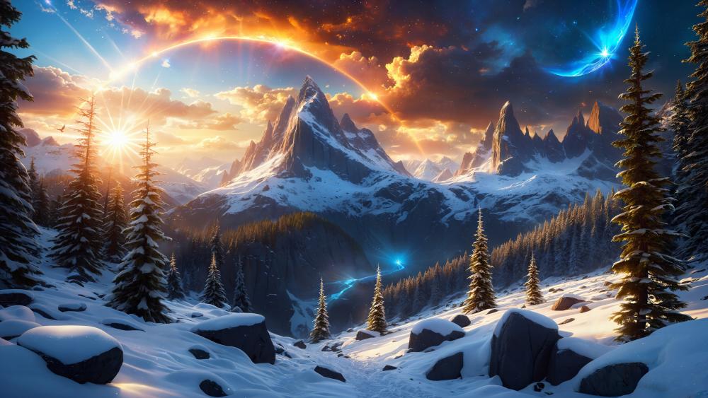 snowy-mountain-sunrise-scenery-digital-art wallpaper