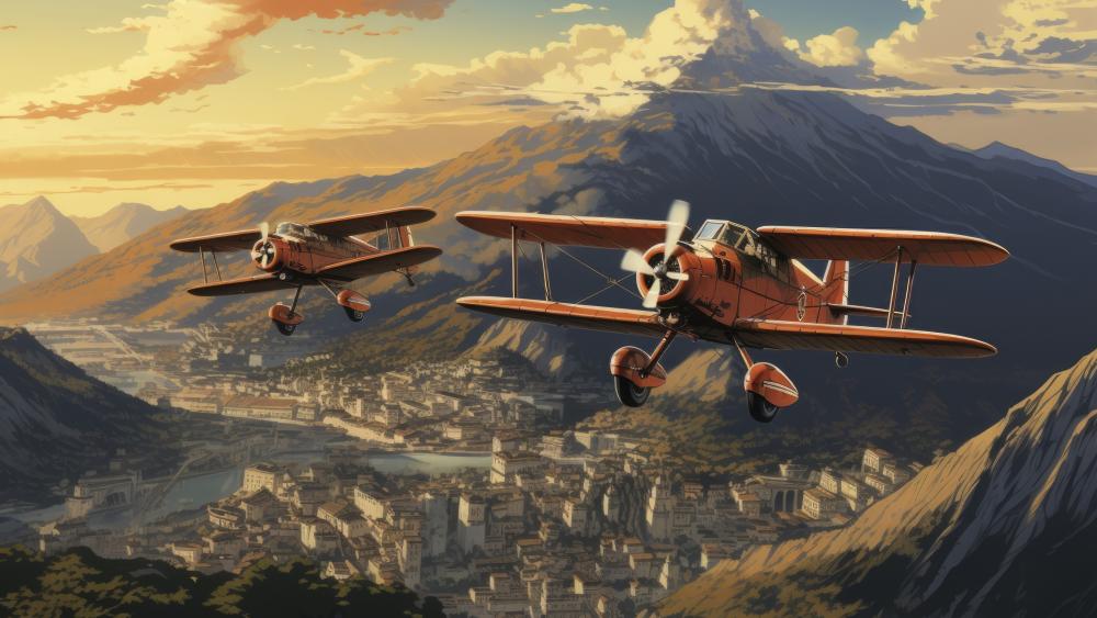 Vintage Airplanes Over Mountain Town wallpaper