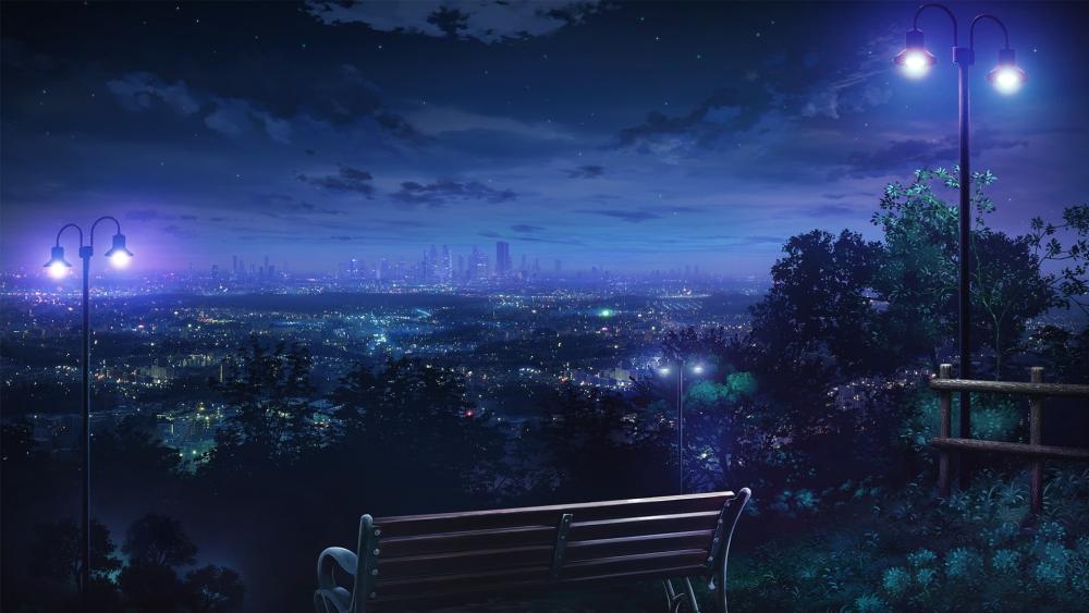 Cityscape Serenity in Anime Night Vibes wallpaper