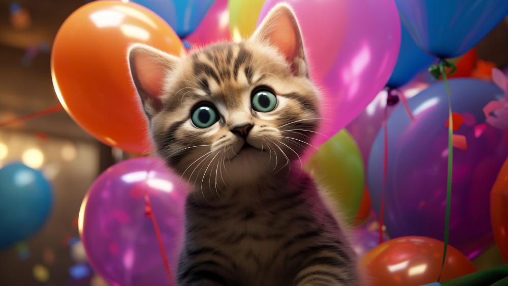 Kitten Surrounded by Colorful Balloons wallpaper