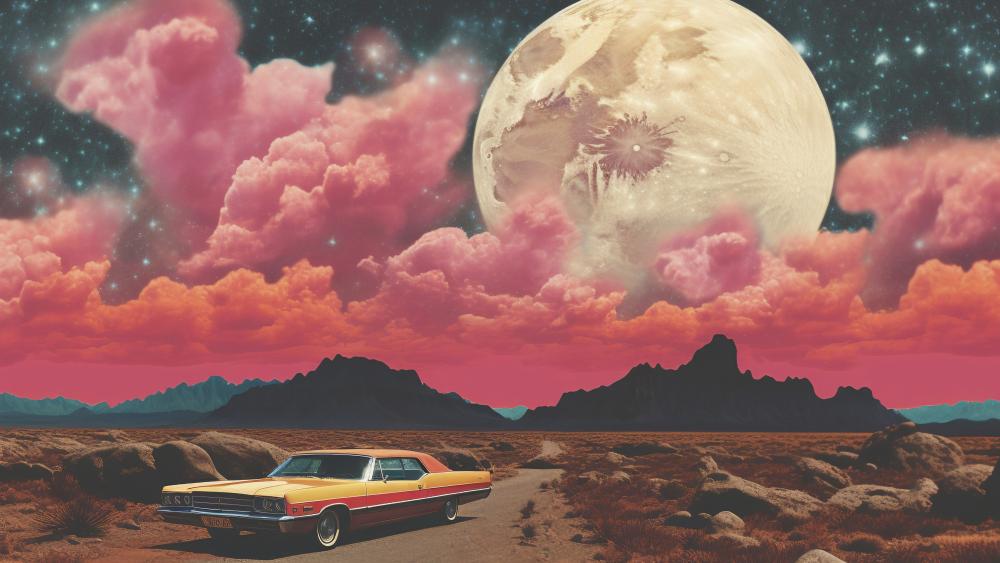 Retro Fantasy Drive beneath the Giant Moon wallpaper