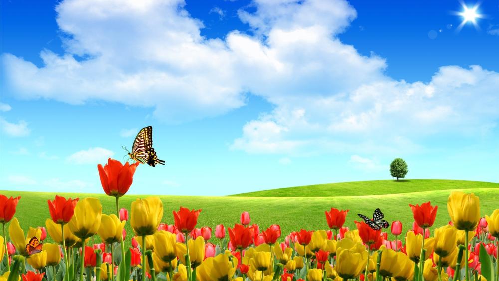 Tulips and Butterflies in a Fantasy Meadow wallpaper