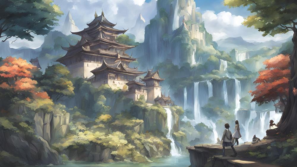 Mystical Valley Castle in Anime Landscape wallpaper