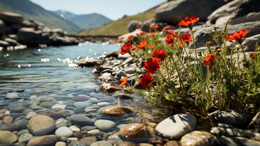 Serene Summer Creekside with Red Flowers wallpaper