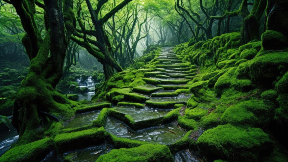 Enchanted Stone Pathway through Lush Forest wallpaper