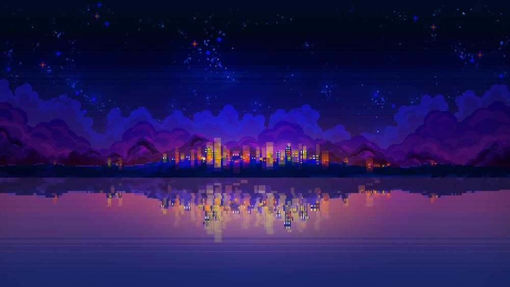 Pixelated Dreamscape City Reflections wallpaper