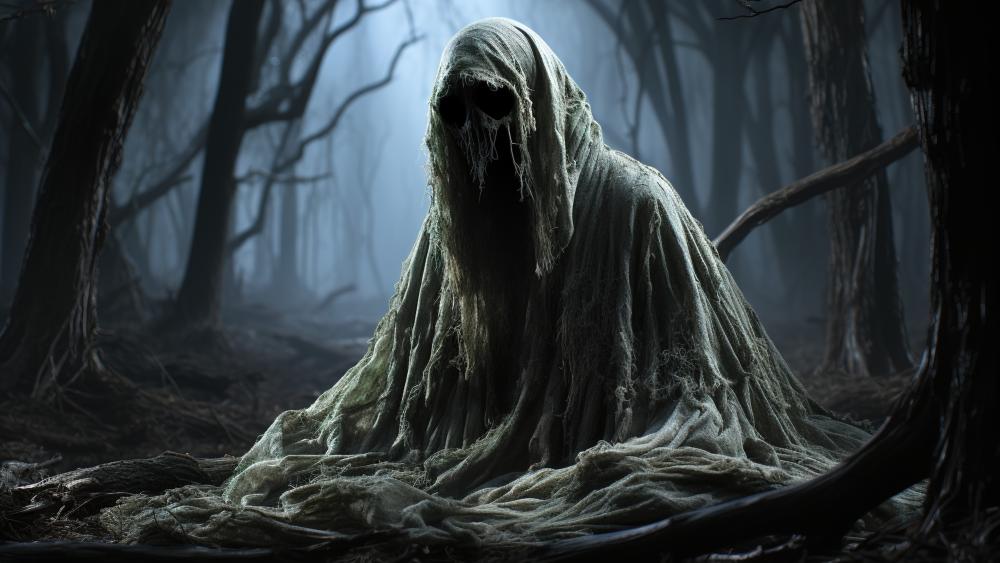 Ghostly Apparition in Haunted Forest wallpaper