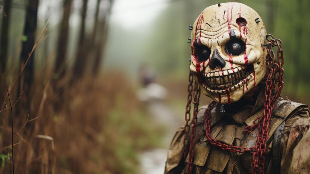 Eerie Forest Horror Masked Figure wallpaper