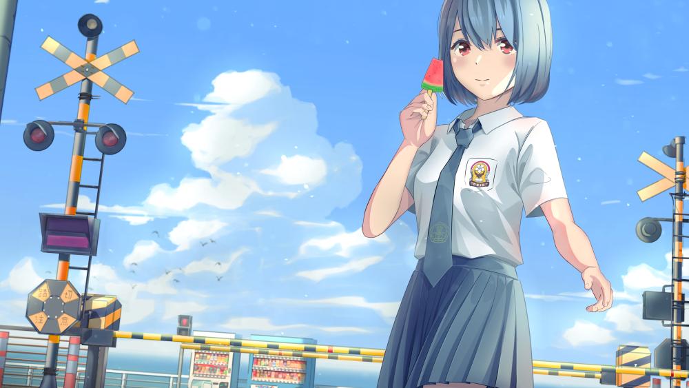 Summer Day Treat with Anime Schoolgirl wallpaper