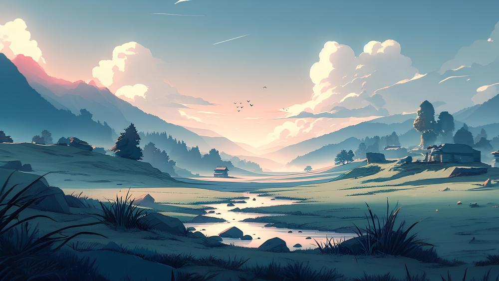 Serene Mountain Valley in Anime Style wallpaper