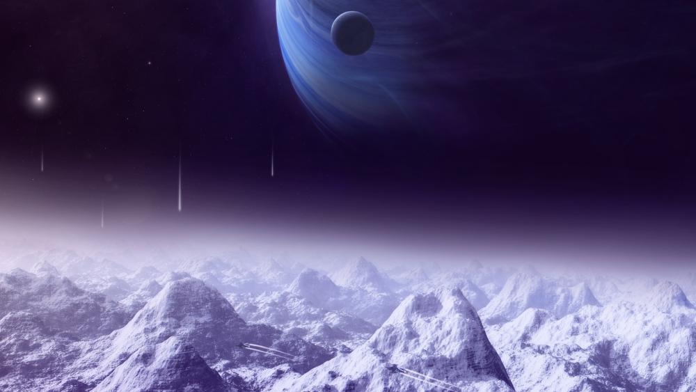 Frosted Alien Peaks Under a Distant Planet wallpaper