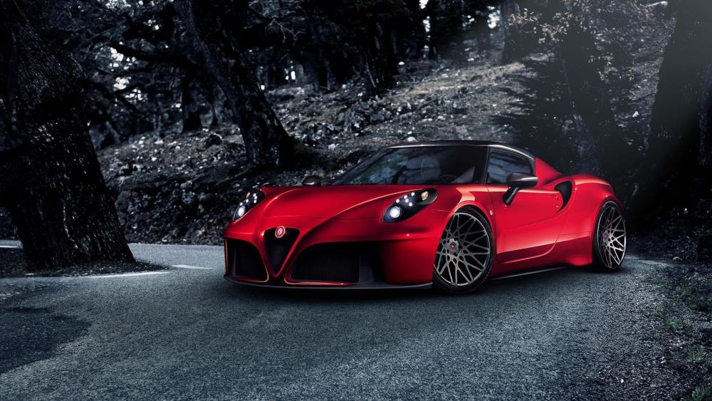 Red Alfa Romeo 4C on Forest Road wallpaper