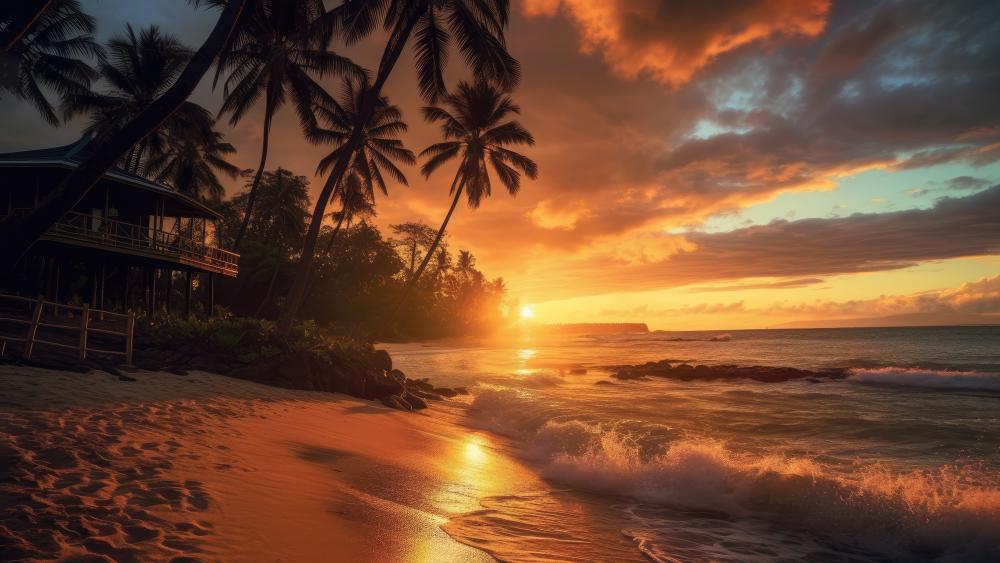 Tropical Sunset Over Beachside Villa wallpaper