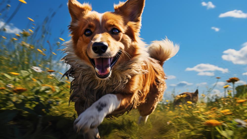 Energetic Corgi in a Sunny Field wallpaper